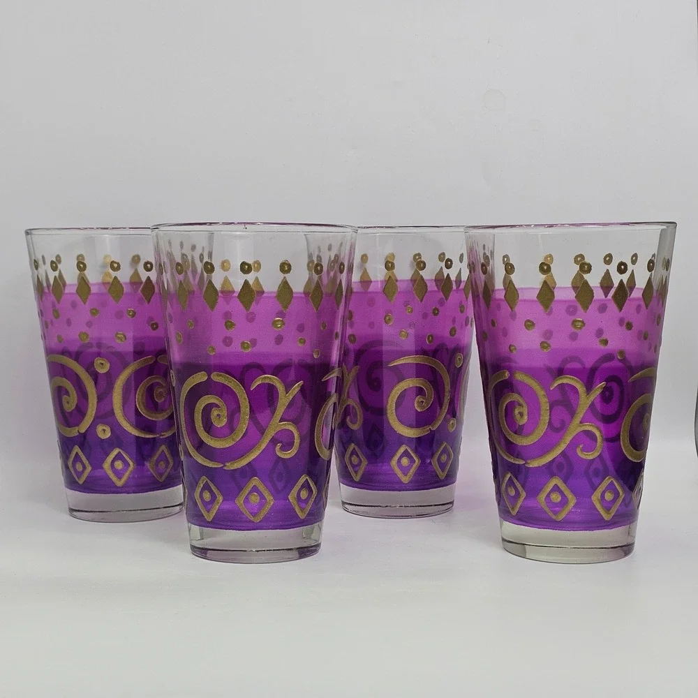Cerve Italy Purple Gold Moroccan Scroll Glass Tumblers Set of 4 Mediterranean